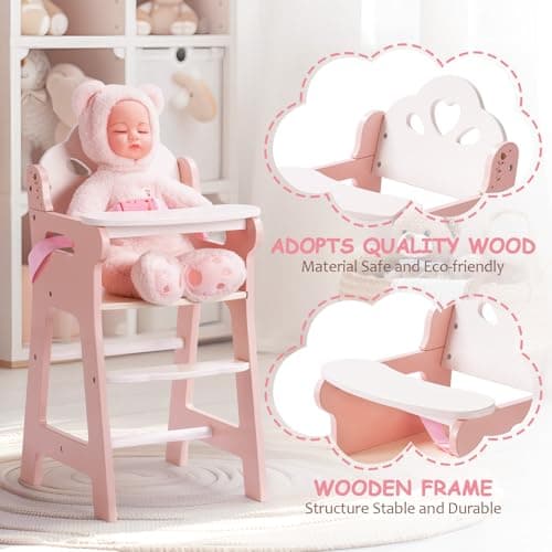 ROBOTIME High Chair for Pretend Play, Wooden Baby Doll Furniture with Safety Belt and Footrest, Fits 18 Inch Dolls, Gift for Ages 3+, White/Pink thumbnail 5