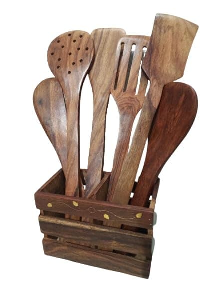 Six Wooden Kitchen Long Spoon Pure sheesham Wood with Spoon Holder - Image 1