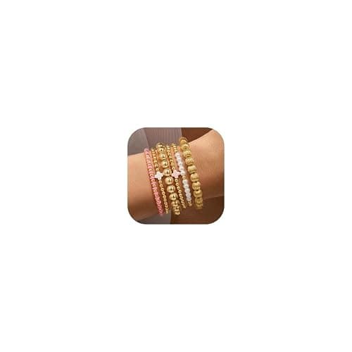 Yoosteel Gold Beaded Bracelets Set for Women Teen Girl Gifts Non Tarnish - 14K Gold Plated Dainty Round Bead Ball Pearl Cross Bracelet Stack for Women Teenage Girls Stackable Jewelry Christmas Gifts - Image 1