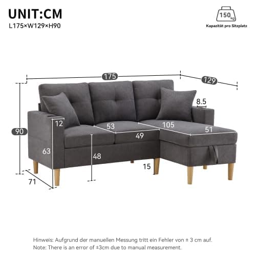 Merax L-förmiges Ecksofa mit Chaiselongue, 3-Sitzer Sofa mit Stauraum und Getränkehalter, Modernes Polstersofa aus Baumwoll-Leinen Stoff mit 2 Kissen, L Sofa für Wohnzimmer, Büro und Wohnung thumbnail 2