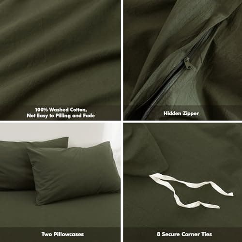 FOSSA Duvet Cover Set 100% Washed Cotton Linen Feel Super Soft Breathable Cozy 3 Pieces Bedding Sets Solid Olive Green Full/Double thumbnail 6