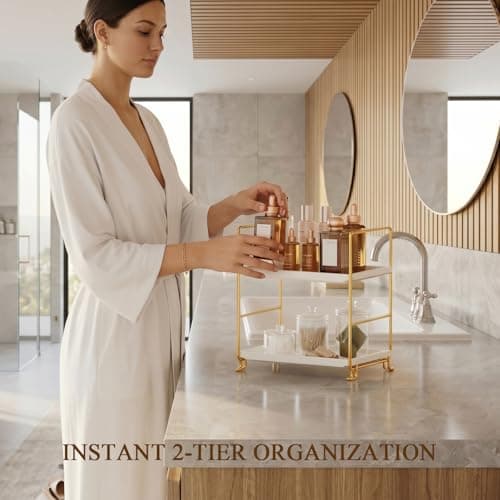 FSyueyun 2-Tier Bathroom Counter Organizer, Tool-Less Vanity Organizer for Skincare, Premium Plastic Bathroom Organizer Tray for Perfume & Cosmetics, （White & Gold） thumbnail 6