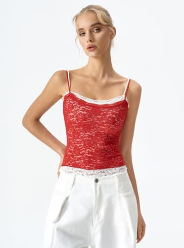 QINSEN Two-Tone Double Layer Lace Cami Tank for Women Scoop Neck Spaghetti Straps Sleeveless Camisole Shirts Red L thumbnail 4