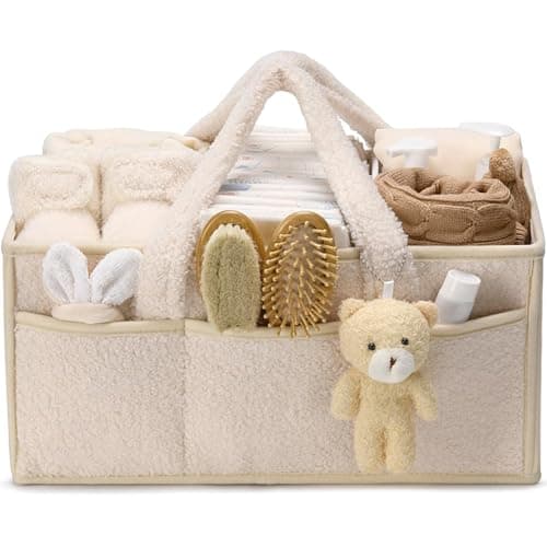 HJB VISSO Baby Diaper Caddy Organizer, Nappy Caddy Storage Basket for Wipes, Portable Nursery Diaper Organizer (Ivory White) - Image 1