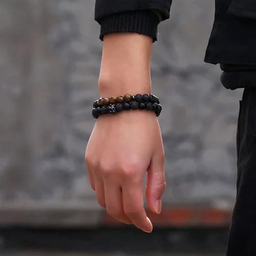 RANKEEF Tiger Eye Bracelet For Men 8MM Natural Stone Stretch Adjustable Black Crystal Beaded Bracelet for Men Women Gifts thumbnail 7