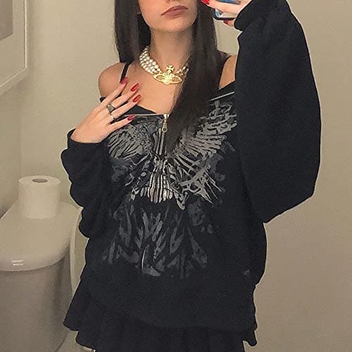 SOLILOQUY Women Zip Up Hoodie Y2k Vintage Graphic Oversized Hooded Sweatshirt Jacket Pullover Coats Harajuku Streetwear thumbnail 5