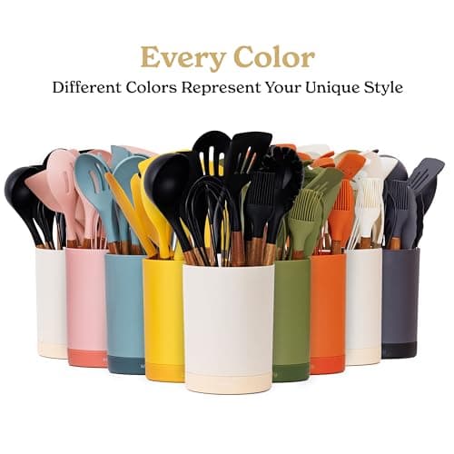 Silicone Kitchen Utensils Set & Holder for New Home & 1st Apartment Kitchen Essentials Set - Spatula, Cooking Spoons for Nonstick Cookware - 22 Piece Set - Gray thumbnail 4