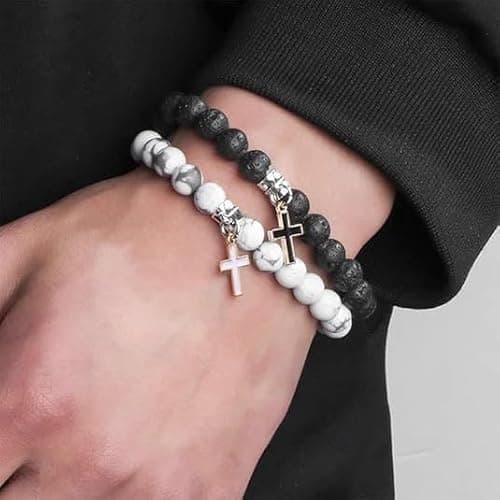 Matte Lava Rock Beaded Couple Bracelet Set for Women Men Black White 8mm Howlite Natural Volcanic Stone Matching Beads Elastic Cross Pendant Stretch Bracelets Religion Charm Friendship BFF Jewelry thumbnail 5