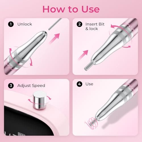 Wea&Hea Professional Electric Nail Drill, 50000 RPM Rechargeable Cordless E-File Machine for Acrylic Gel Nails, Low Noise Low Heat Nail File Kit with 6 Bits, 66 Sanding Bands, Pink thumbnail 6