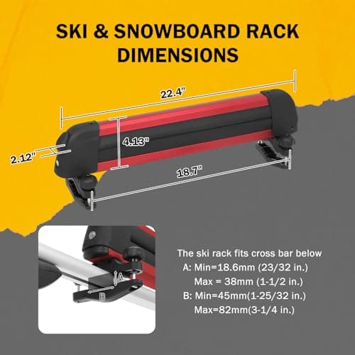 16.3 Inch Ski and Snowboard Rack for Car Roof, with TPV Rubber Padding and Lock, Fit 2 Pairs of Skis or 2 Snowboards, Mounting System Fits for Square/Round/Aero/Oval Cross Bars, Red thumbnail 2
