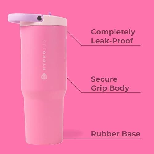 HydroJug Sport - Stainless Steel Tumbler with Straw, Vacuum Insulated, 32oz Leakproof Water Bottle, Ergonomic Design, Reusable, Dishwasher Safe, Rubber Base, Durable for Gym or Outdoors, Pink Sugar thumbnail 3