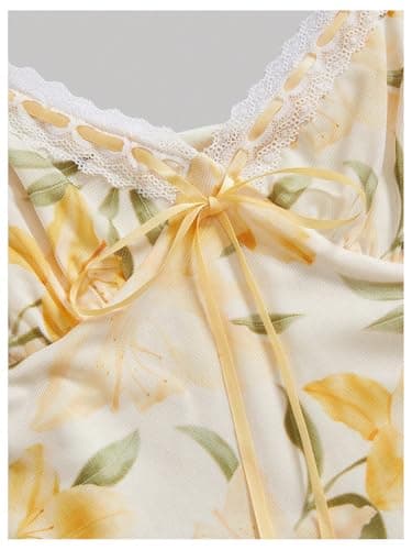 Milumia Women's Floral Print Sweetheart Neck Tank Top Tie Front Mesh Crop Summer Camisoles Yellow Large thumbnail 3