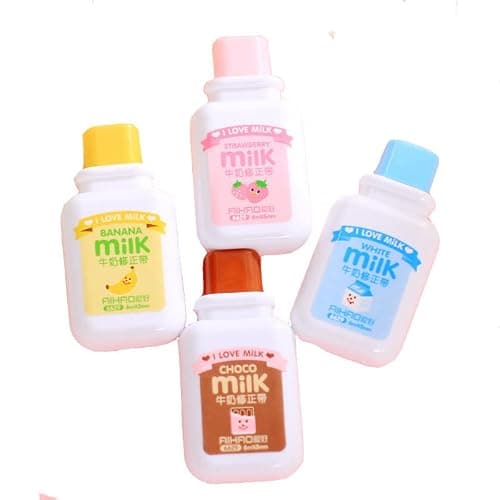 Brccee AC 4PCS Milk Bottle Correction tape Kawaii Cartoon Stationery Cute Students School Office Supplies (Brown, Blue, Yellow, Pink - Delivery with Random Color) - Image 1
