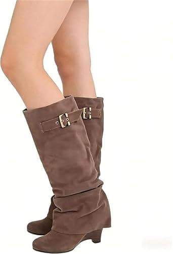 blingqueen Slouchy Wedge Suede Boots Fold Over Knee High Pull On High Heels thumbnail 2