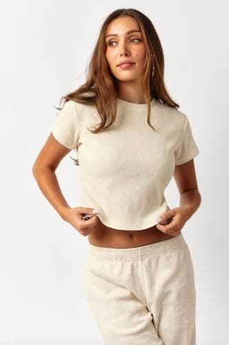 Almere Waffle Knit Lounge Set for Women Baby Tee and Sweatpants (Cream, Small) thumbnail 5
