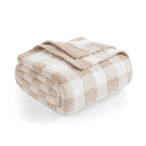 Snuggle Sac Checkered Throw Blanket for Couch, Super Soft Cozy Warm Knit Netural Decorative Fluffy Blankets, Reversible Buffalo Plaid Microfiber Throws for Sofa Bed, Plaid Beige, 50x60 Inches - Image 1