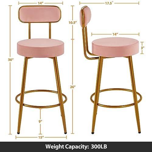 Yaheetech Velvet Barstools, 26'' Counter Height Velvet Stools for Kitchen Counter with Backrest and Footrest, Modern Gold Barstools, Pink, Set of 4 thumbnail 3