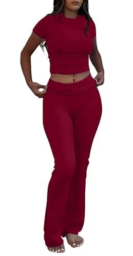AYWA Women's 2 Piece Lounge Sets Short Sleeve Crop Top Foldover Flare Pants Casual Pajama Outfits - Image 1