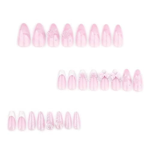 Foccna French Press on Nails Pink Medium, 3D Flower Fake Nails Almond Acrylic False Nails White,Artificial Nails for Women and Girls 24pcs thumbnail 2