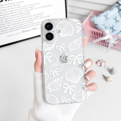 NITITOP Compatible with iPhone 17 Case Clear Cute Shell Whale Sea Ocean Animal Pattern for Women Girls Full Camera Lens Slim Shockproof Protective Phone Cover - White Bowknot thumbnail 6