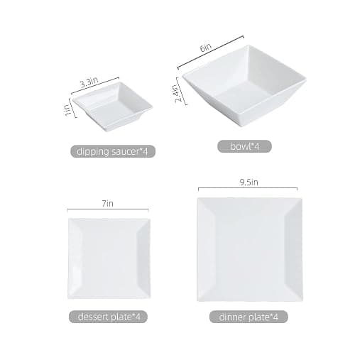 Porlien 16-Piece Classic Square Dinnerware Set for 4-Square Dinner Plates, Dessert Plates, Bowls & Dipping Saucers, Off White Dishes for 4 thumbnail 3