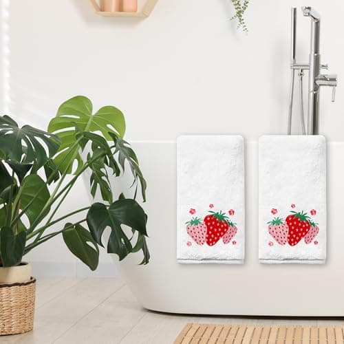 Yanhuecui Strawberry Hand Towels for Bathroom Set of 2, Strawberry Bathroom Decor, Spring Pink Cotton Soft Embroidered Towels for Kitchen Bath 14x30 Inches, Summer Decorations Hand Towels Gifts thumbnail 5