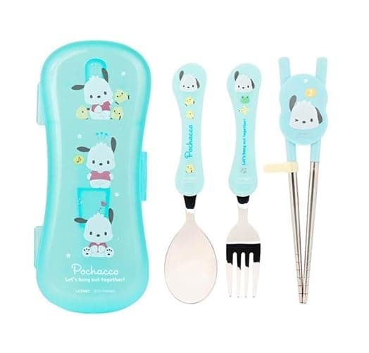 Cute Fork, Spoon, and Chopsticks Flatware Set with Case, Stainless Steel (Green) - Image 1