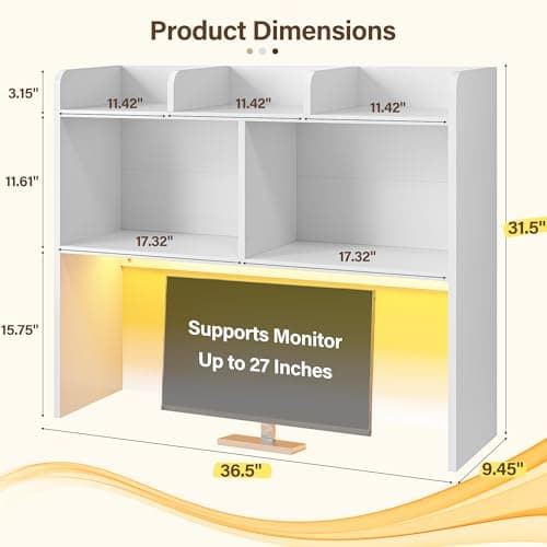 REIBII Desk Hutch Dorm for Computer Monitor Up to 27", Dorm Desk Hutch Top Only with RGB Light Strip, Wooden Desktop Bookshelf with 6 Shelves, 3-Tier Desktop Shelf for Home Office Dorm, White thumbnail 2
