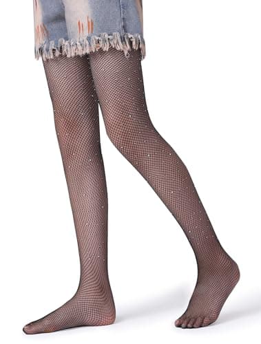 Henwarry Girls Sparkle Fishnet Stockings Children's High Waist Tights Rhinestone Hollow Out Party Pantyhose (US, Age, 7 Years, 12 Years, A01-Black) - Image 1