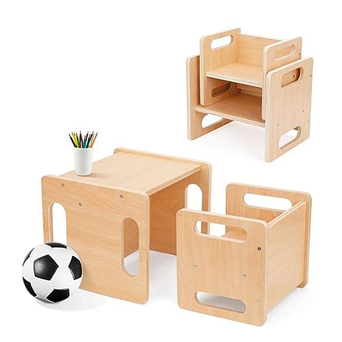 OOOK Montessori Weaning Table and Chair Set, Kids Activity Table and Chair Set with Fence for Read, Play Toys, Snack Time, Step Stool, 1-3 Year Old Kids Montessori Furniture - Image 1
