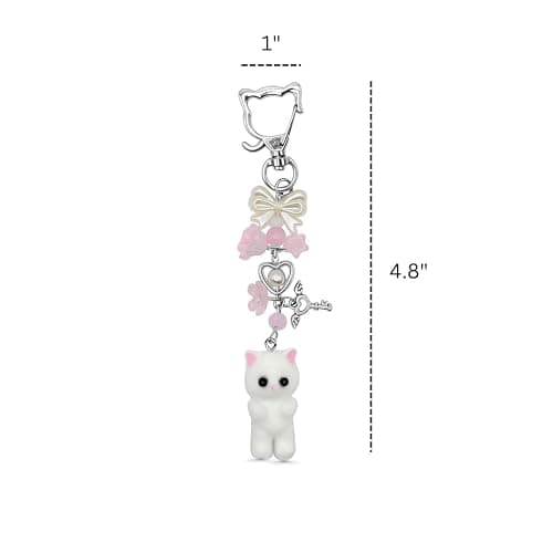 Safe Zone Playpen Cute Cat Keychain, Fuzzy Kitty Decor Gift for Cat Lovers, Heart Bow Pendant, Women Girls Kawaii Bag Charm - Fuzzy White Cat thumbnail 3