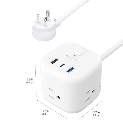 Amazon Basics Power Strip Cube 3 Outlet 3 USB Ports, 1 USB-C(15W) and 2 USB-A(12W), 5 ft Extension Cord, Home, Office, Travel, White thumbnail 6