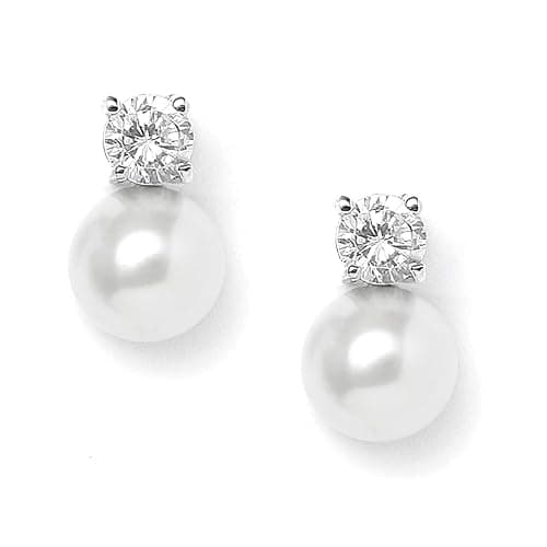 Mariell White Pearl Bridal Earrings with Cubic Zirconia Crystal Top, 9mm White Pearl Stud Earring, Perfect for Brides, Bridesmaids, Wedding Party and Everyday Wear - Image 1