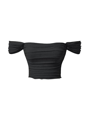 OYOANGLE Women's Off Shoulder Ruched Lettuce Trim Mesh Short Sleeve Tee Shirts Solid Slim Fit Crop Tops - Image 1