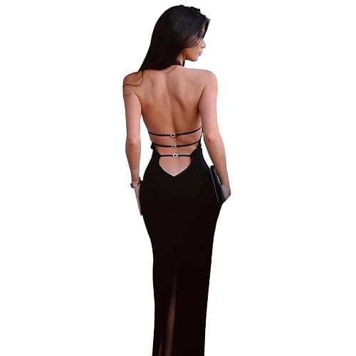 XFSRG Robe Femme Sexy Dos Nu Bodycon Dress Robe Col Halter Longue Robe Cocktail Elégant de Soirée sans Manches Party - Image 1