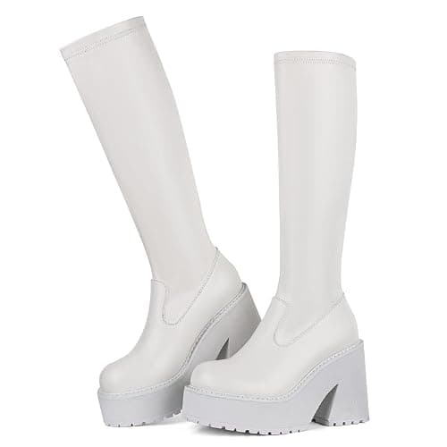 AMINUGAL Womens Elastic Knee High Platform Chunky Block High Heel Sock Boots Zipper Round Toe Fashion Motorcycle Combat Punk Boots For Women - Image 1
