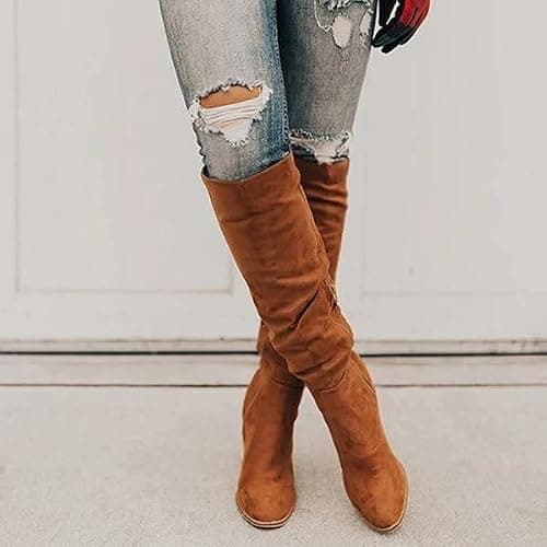 Erocalli Suede Knee-High Boots Fall Boot For Women Chunky Block High Heel Slouch Fashion Boot Round Toe Side Zipper thumbnail 3