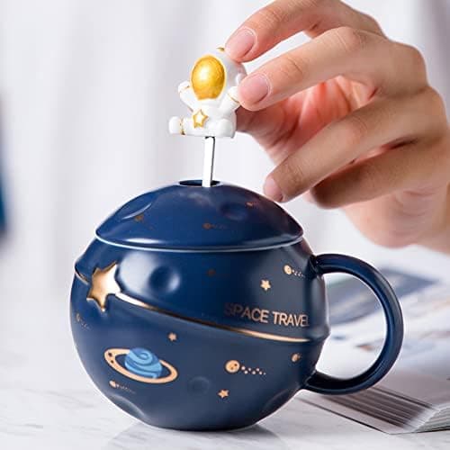 Yalucky Kawaii Astronaut Cup Space Embossed Planet Mug, Cute Ceramic Coffee Mug, Novelty Mug with Lid and Spoon for Coffee, Tea, Milk, Aesthetic Room Decor Funny Gift for Girl Boy Women (Dark blue) thumbnail 2