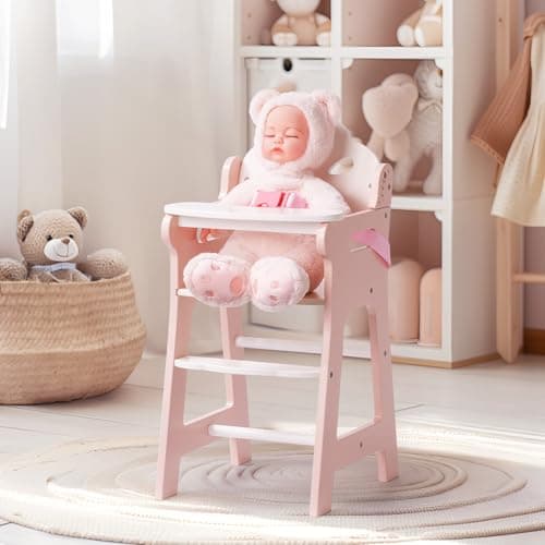 ROBOTIME High Chair for Pretend Play, Wooden Baby Doll Furniture with Safety Belt and Footrest, Fits 18 Inch Dolls, Gift for Ages 3+, White/Pink thumbnail 10