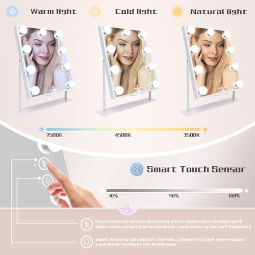COOLJEEN Vanity Mirror with Lights and Bluetooth, Wireless Charging Lighted Vanity Mirror with Phone Stand, 9-Bulb 3 Color Lighting Tabletop Lighted Makeup Mirror, 360°Rotation - C-white-speaker & Wireless Charging-9 Bulbs thumbnail 6