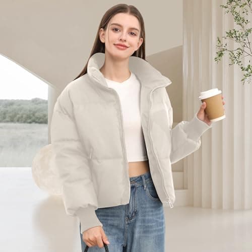 SXGYH Women’s Winter Cropped Puffer Jacket Coat Casual Quilted Baggy Long Sleeve Zip Down Jackets Outerwear (US, Alpha, X-Large, Regular, Regular, White) thumbnail 5