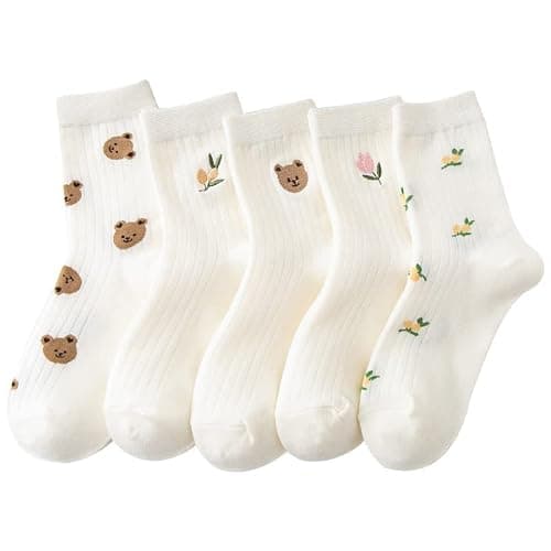 Tooe Women's 5 Pairs Bear Preppy Cute Crew Socks Kawaii Fairycore Flower Knitting Ankle Socks Cutecore Soft Cotton Socks - Image 1