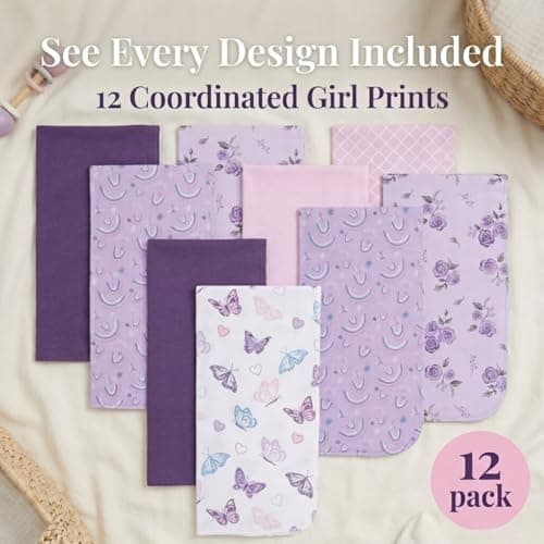 EVERYDAY KIDS 12 Pack Burp Cloths for Baby Girl; Newborn Essential with - Large Absorbent Cotton Flannel Purple/Pink Burping Cloths for Babies with Butterfly, Floral and Rainbow Prints and Solids thumbnail 7