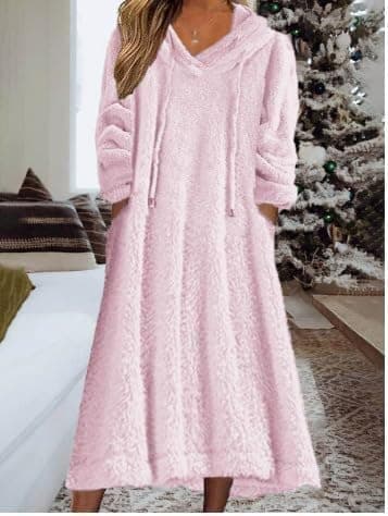 LOAIHA Womens Fuzzy Fleece Hoodie Dress Fall Warm Hooded Sweatshirt Dress Casual Sherpa Flannel Nightgowns with Pockets thumbnail 2
