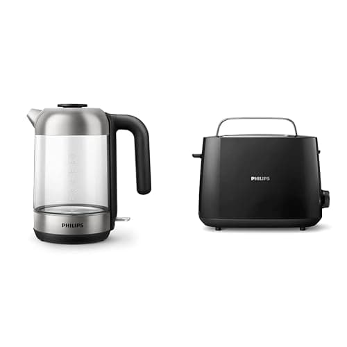Philips Bouilloire Électrique - 1.7 L, Couvercle à Ressort et Voyant Lumineux, En Verre, Socle 360° (HD9339/80) & Grille-pain - 2 Fentes, 8 Réglages, Réchauffe-Viennoiseries, Noir (HD2581/90) - Image 1