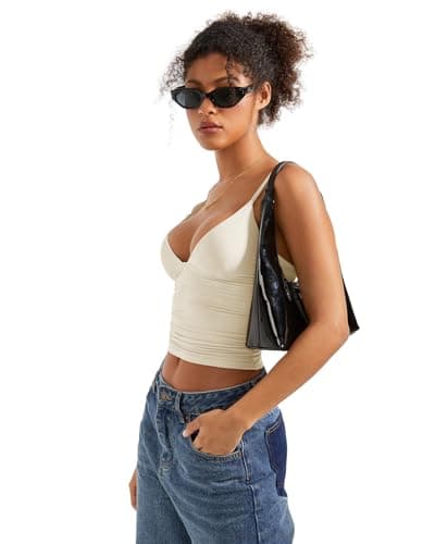 SUUKSESS Women Sexy Deep V Neck Sleeveless Fitted Basic Tops Y2K Going Out Crop Tank Top Camisole (Ivory Cream White,M) thumbnail 6