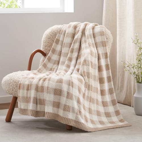 Snuggle Sac Checkered Throw Blanket for Couch, Super Soft Cozy Warm Knit Netural Decorative Fluffy Blankets, Reversible Buffalo Plaid Microfiber Throws for Sofa Bed, Plaid Beige, 50x60 Inches thumbnail 5