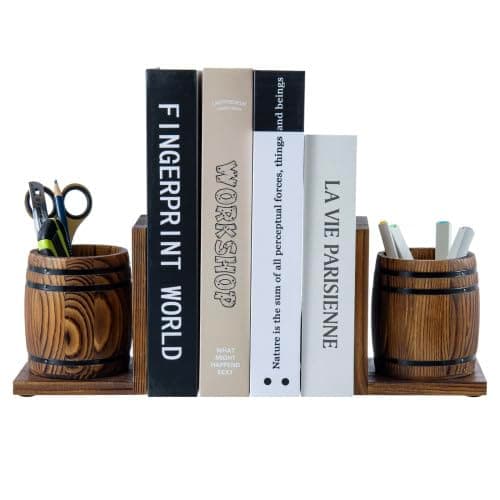 MyGift Wood Decorative Bookends with Pencil Holder, Office Desk Books Ends and Pen Holders as Vintage Wooden Barrels, Heavy Duty Bookends for Shelves, Rustic Burnt Brown Wine Barrel Design,1 Pair - Image 1