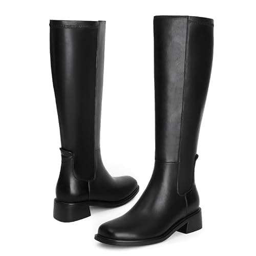 QIY Knee High Boots Women Faux Leather Elastic Boots Low Heel Square Toe Side Zipper Fall Long Tall Boots for Women thumbnail 6