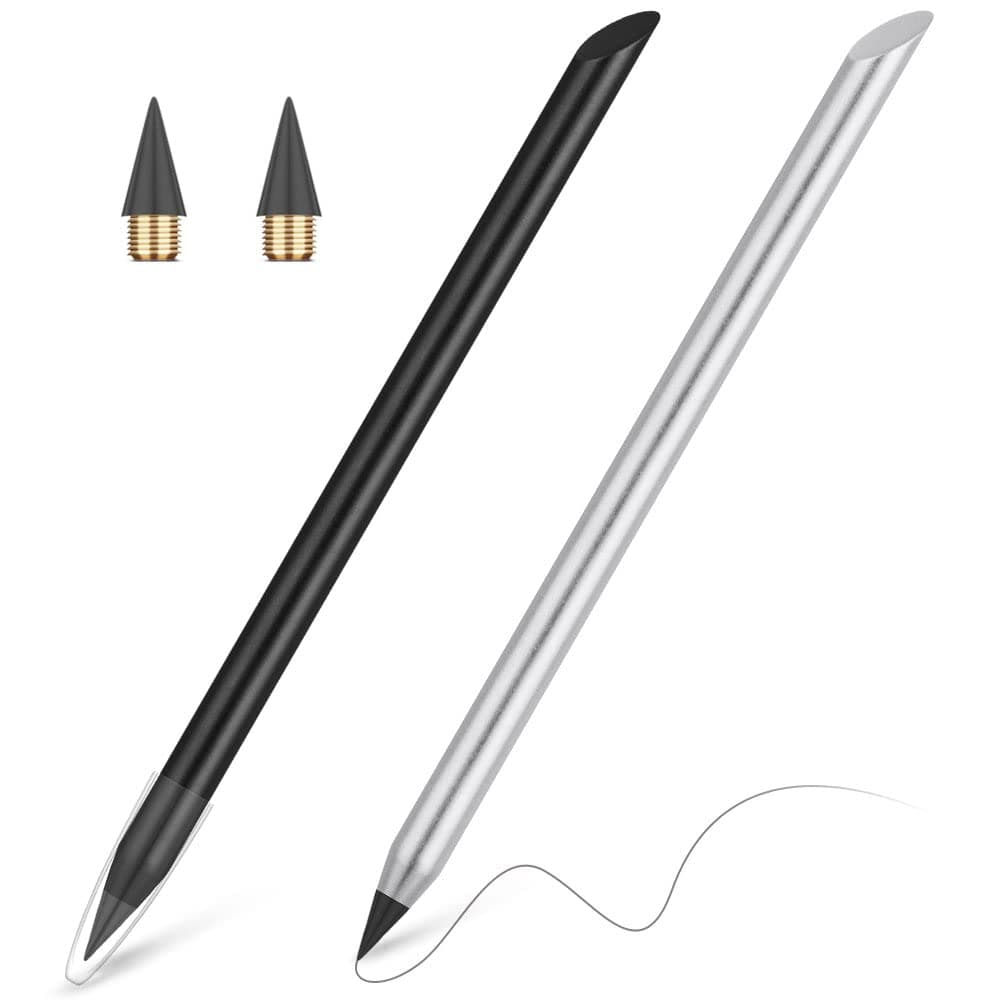 AUAUY Ink Free Pen, Portable Eternal Metal Pen, Interchangeable with 2 Spare Tips, for Writing, Home, Office, Drawing, Delivery, 2pcs (Black + Silver) - Image 1